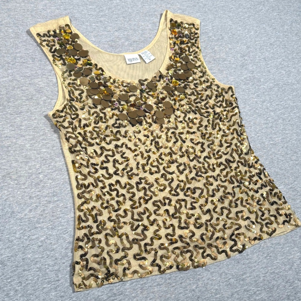 Together Womens Gold Sequin Mesh Tank Top Size M Beaded Scoop Neck Sleeveless